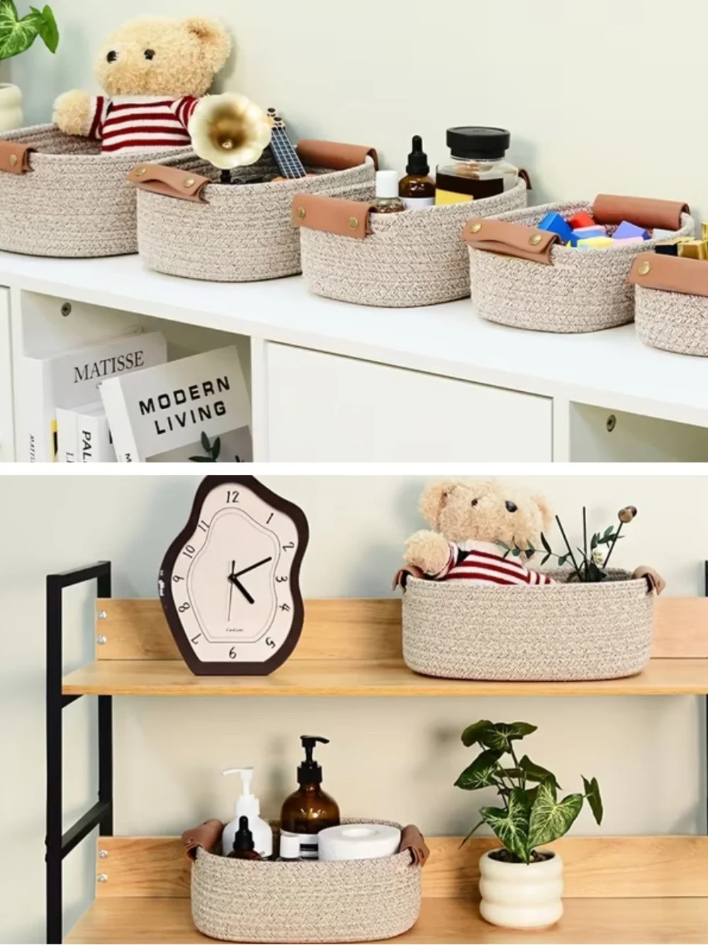 5 PIECE SET NEUTRAL LINEN WOVEN  STORAGE  BASKETS with FAUX LEATHER  HANDLES NIB